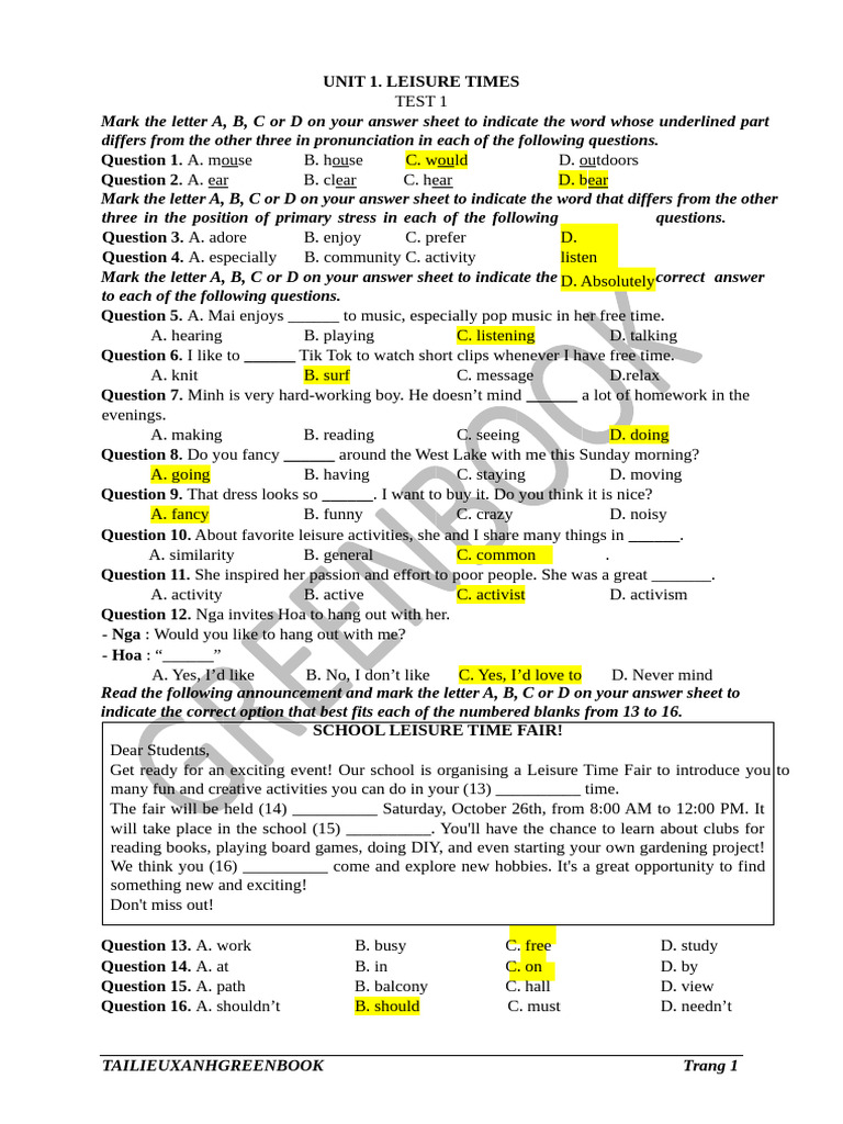 Leisure Time Activities Test Questions | PDF | Bathroom | Hobbies