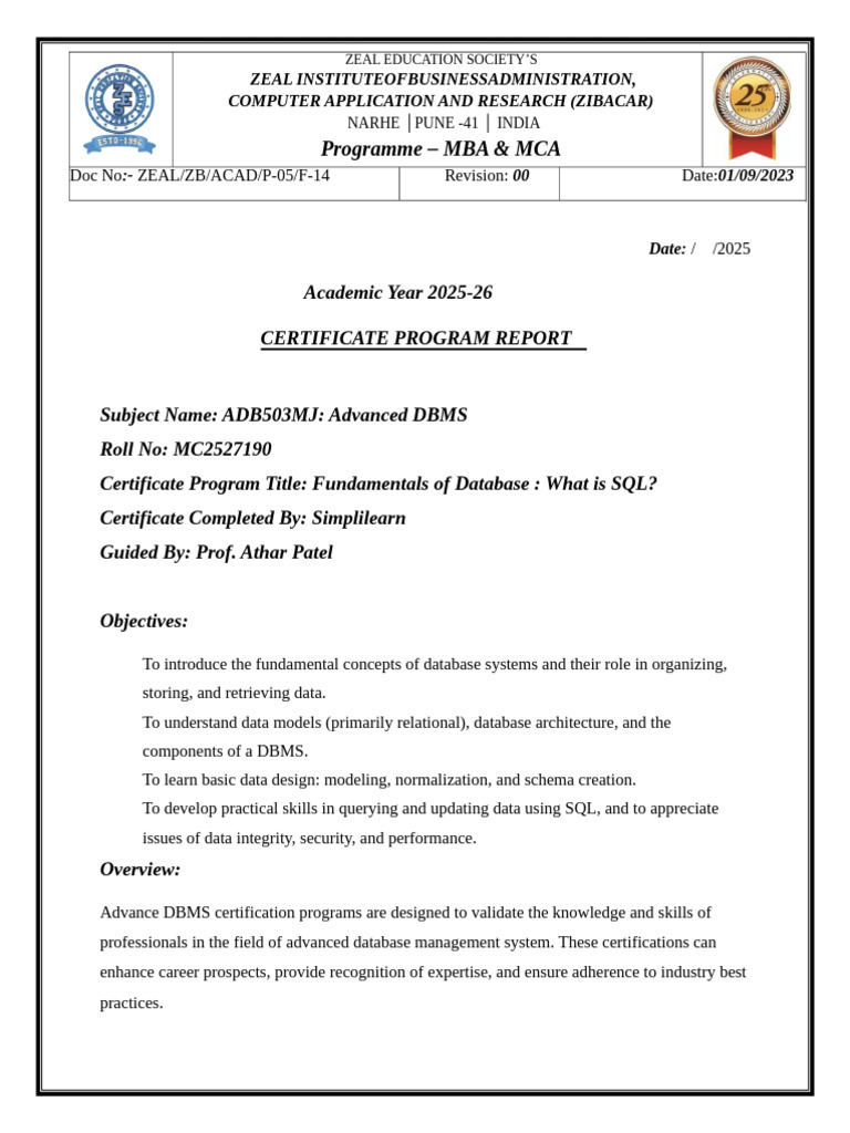 11zon ADBMS Report CIE-I PDF | PDF | Databases | Sql