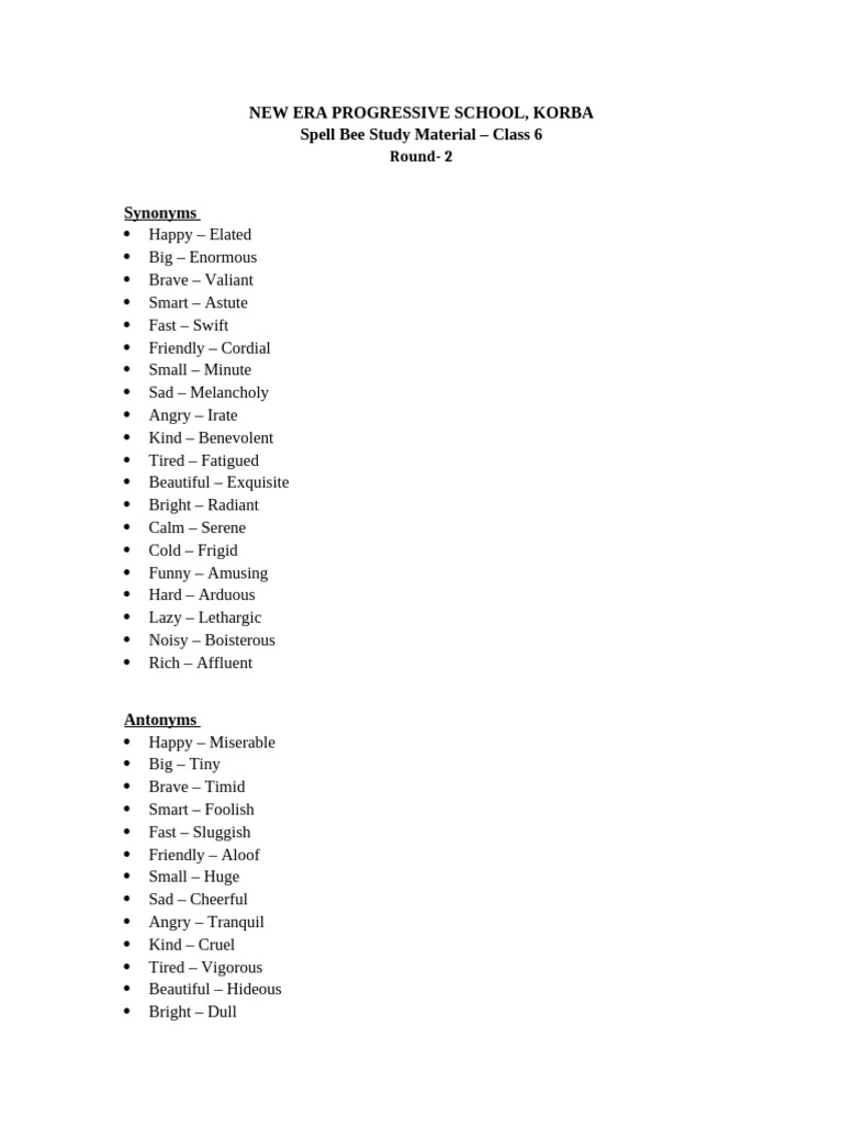 Class 6 Spell Bee Study Guide | PDF | Earth | Plants