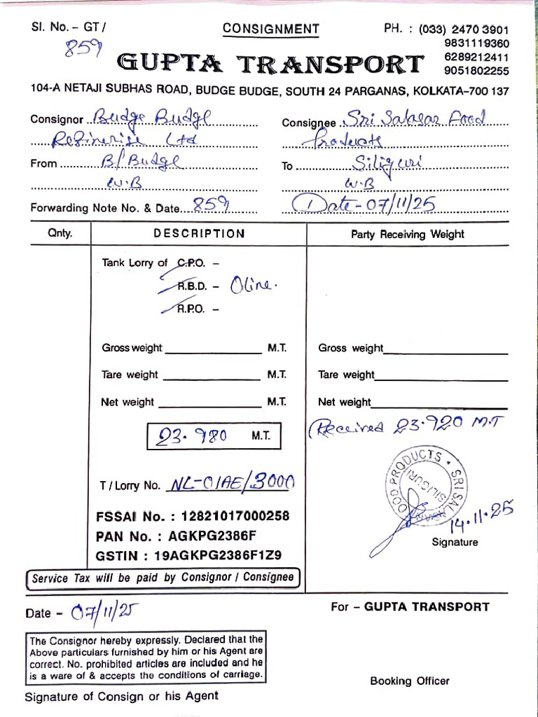 Transport Consignment Note Details | PDF