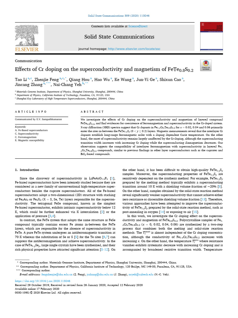 Effect of Cr Doping on FeTeS | PDF | Superconductivity | Electrical ...