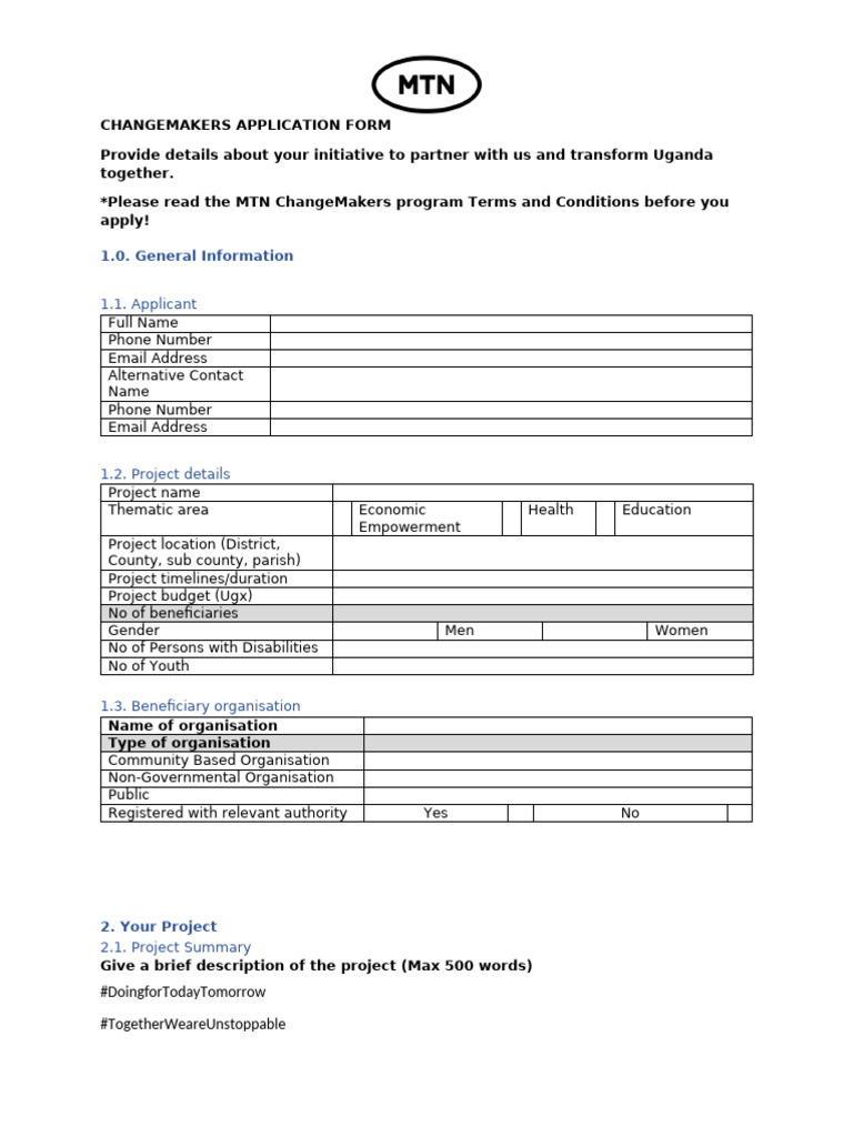 MTN ChangeMakers Proposal Application Form | PDF
