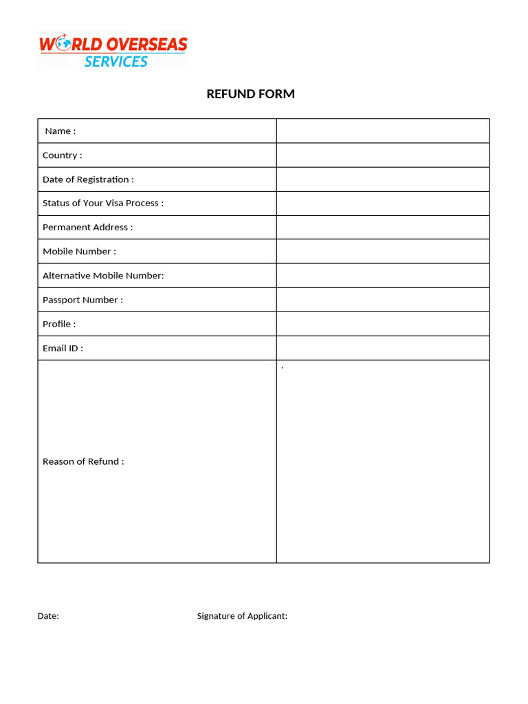 Visa Refund Form Template | PDF