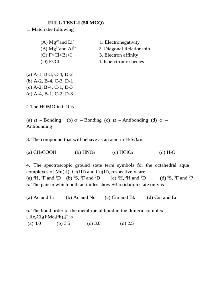 PG Chemistry Test | PDF | Chess Theory | Chess
