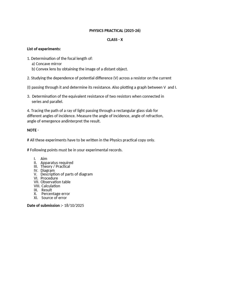 Class X Physics Practical Experiments | PDF