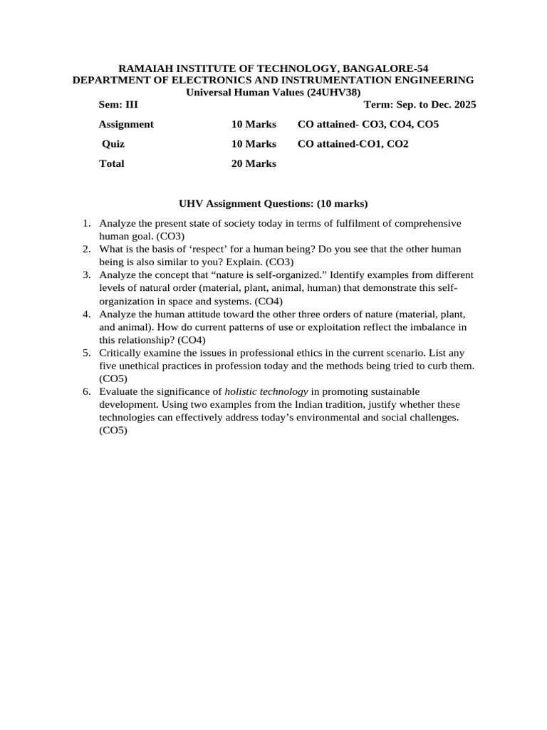 UHV Assignment Questions-2025 | PDF