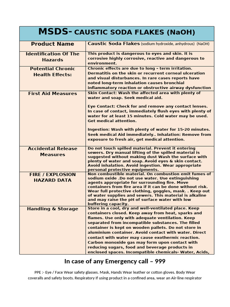 Caustic Soda Flakes MSDS Guide | PDF | Sodium Hydroxide | Chemical ...