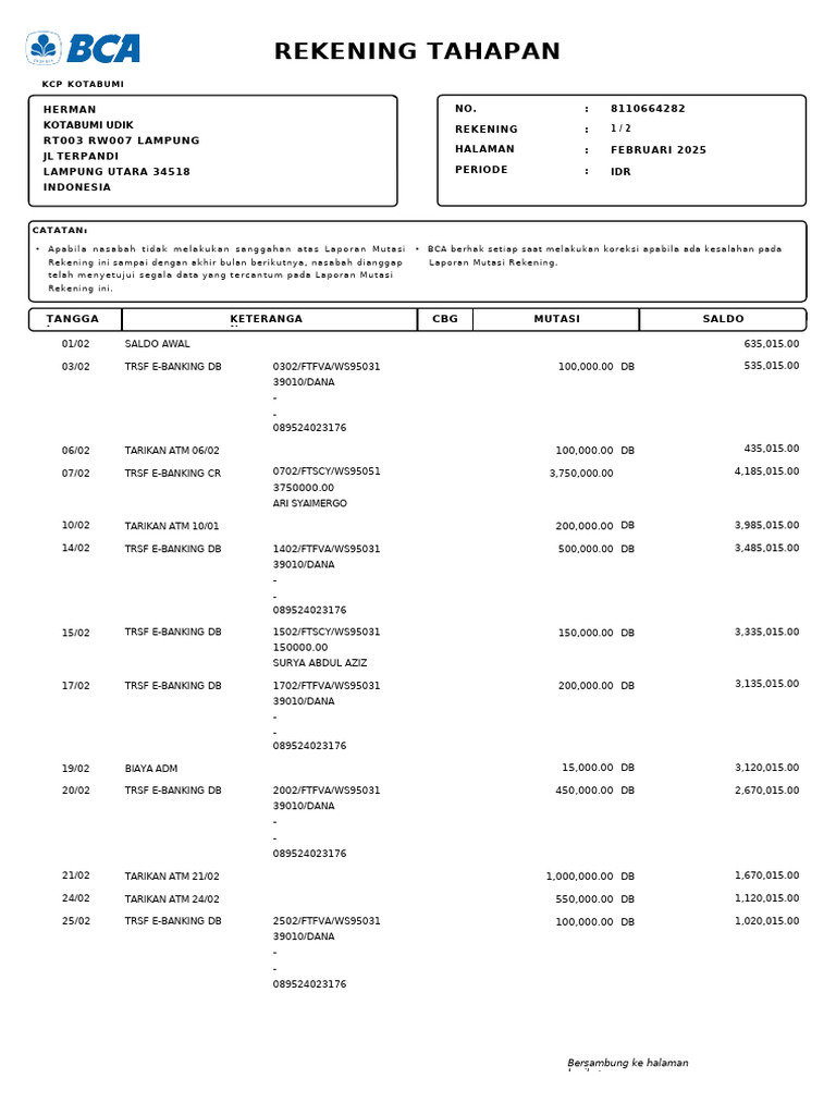 Mutasi Rekening KCP Kotabumi Februari 2025 | PDF