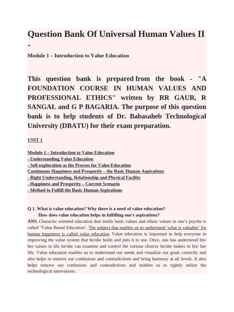 Universal Human Values Question Bank | PDF | Happiness | Consciousness