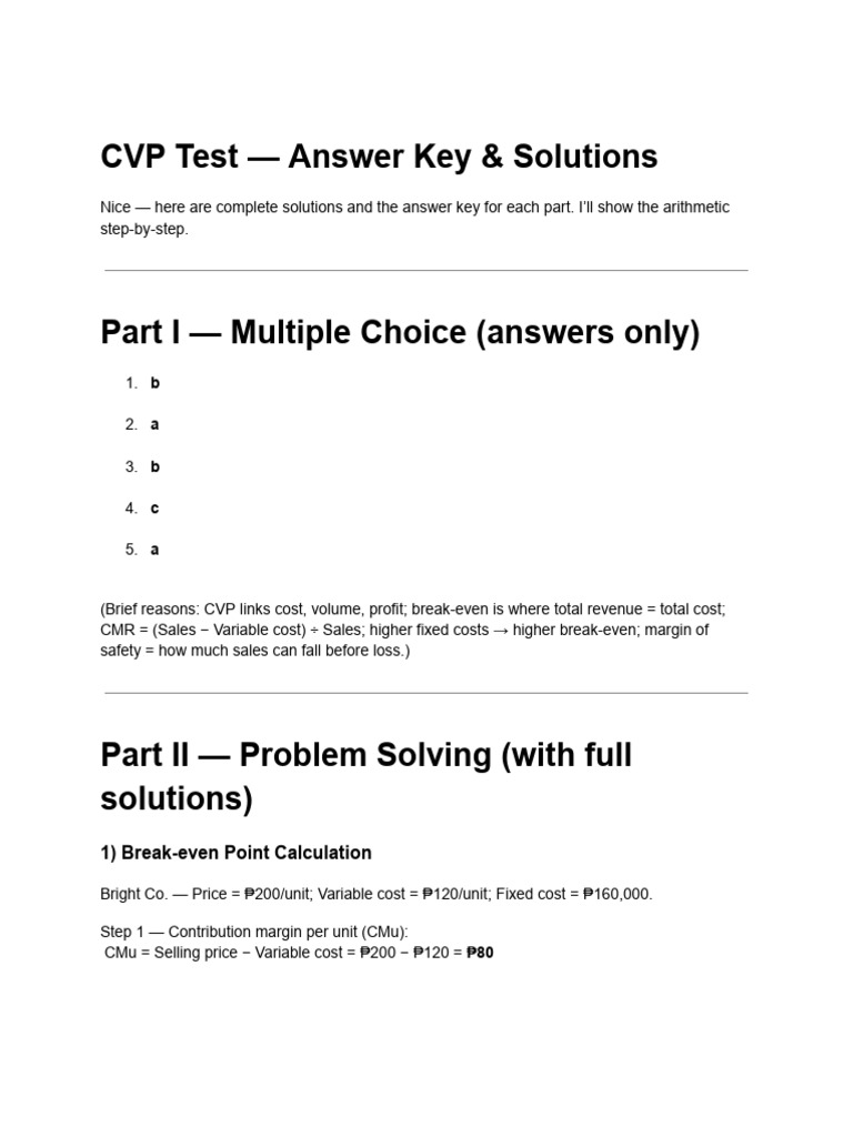 CVP Test Answer Key & Solutions Guide | PDF | Economics | Management ...