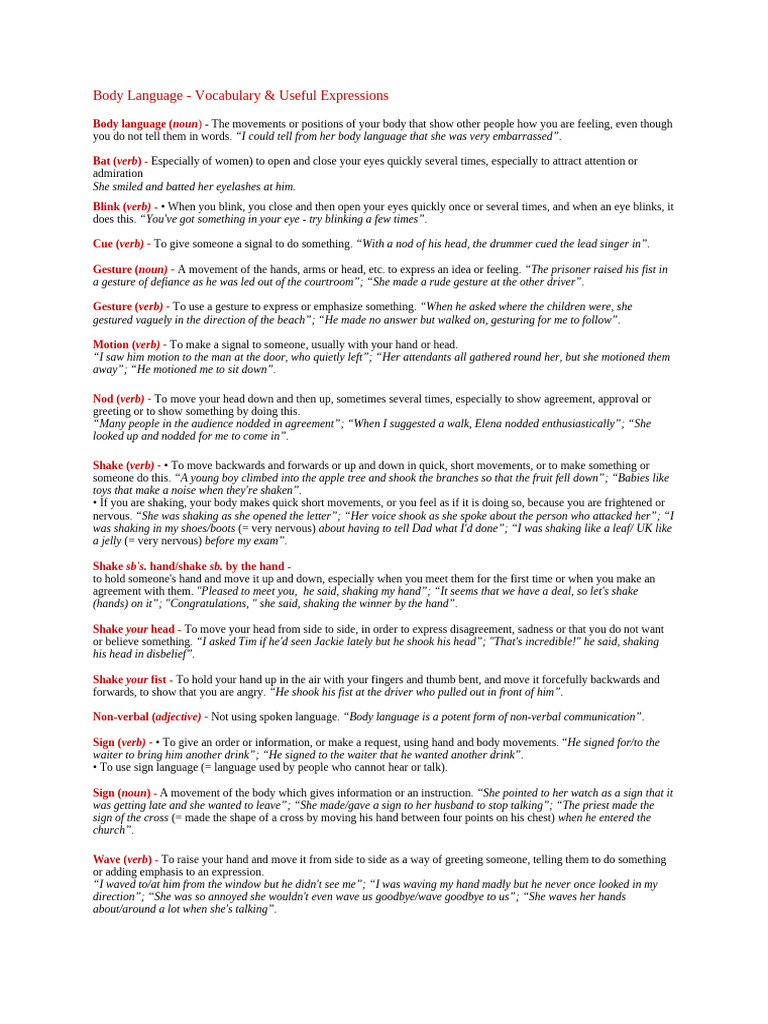 Body Language: Key Terms & Phrases | PDF | Body Language | Verb