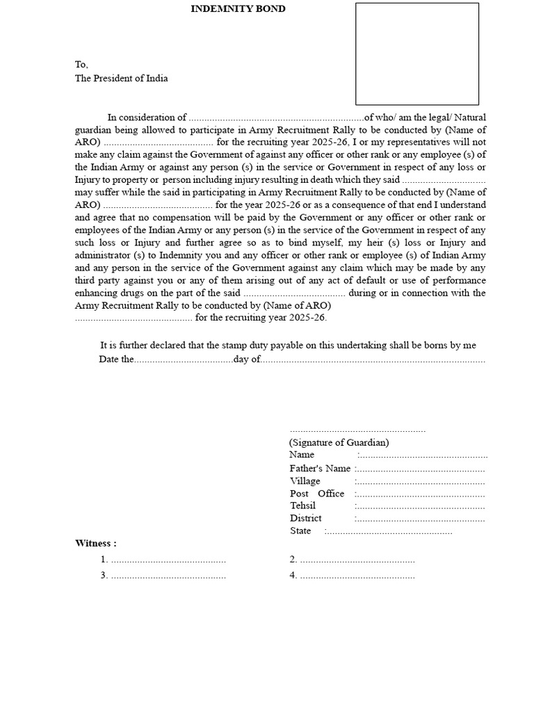 Indemnity Bond for Army Recruitment 2025-26 | PDF | Indemnity