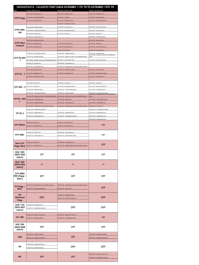 Time Table - November 11th, 2025 To November 13th, 2025 | PDF