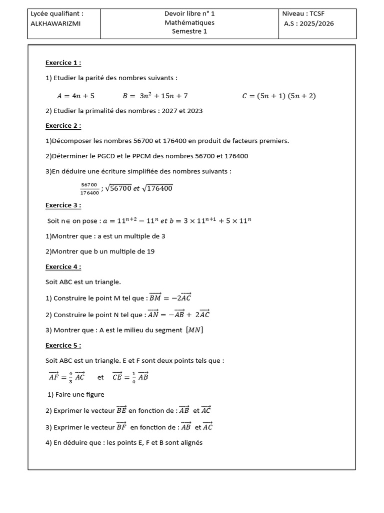 Devoir de mathématiques TCSF 2025/2026 | PDF