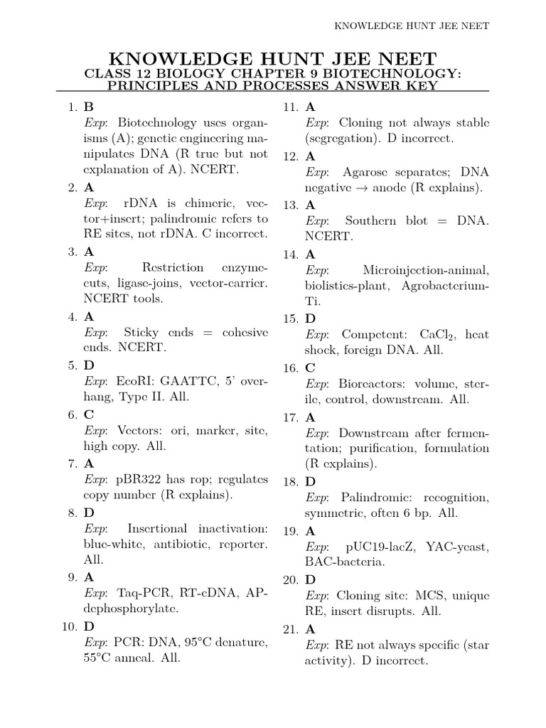 JEE NEET Biotechnology Answer Key | PDF | Recombinant Dna ...