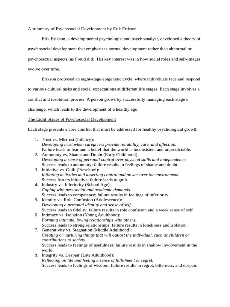 A Summary of Psychosocial Development by Erik Erikson | PDF ...