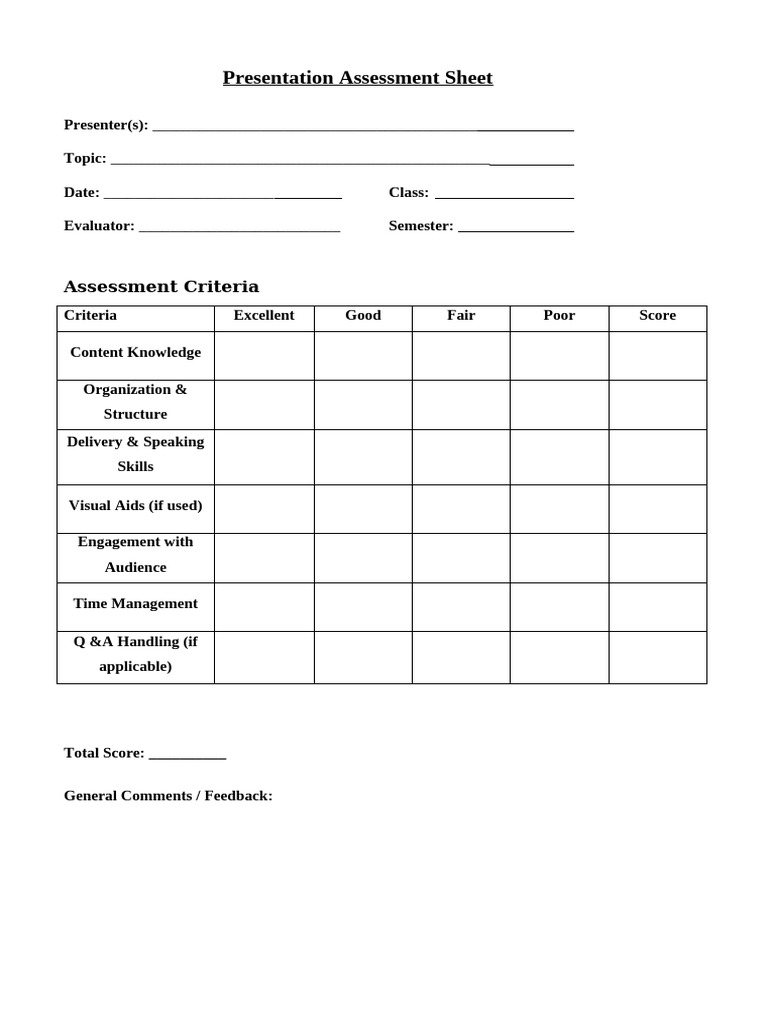 Presentation Assessment Sheet Template | PDF