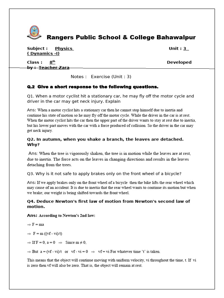 Physics Dynamics Notes for 8th Grade | PDF | Force | Fundamental ...