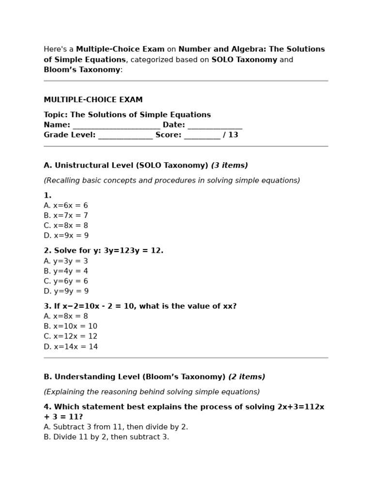 Multiple-Choice Exam on Simple Equations | PDF | Algebra | Equations