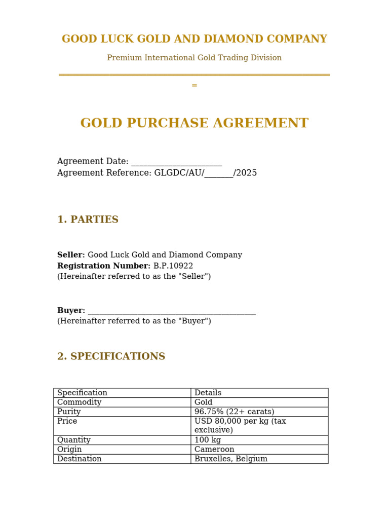 Gold Purchase Agreement Template | PDF | United States Dollar | Economies