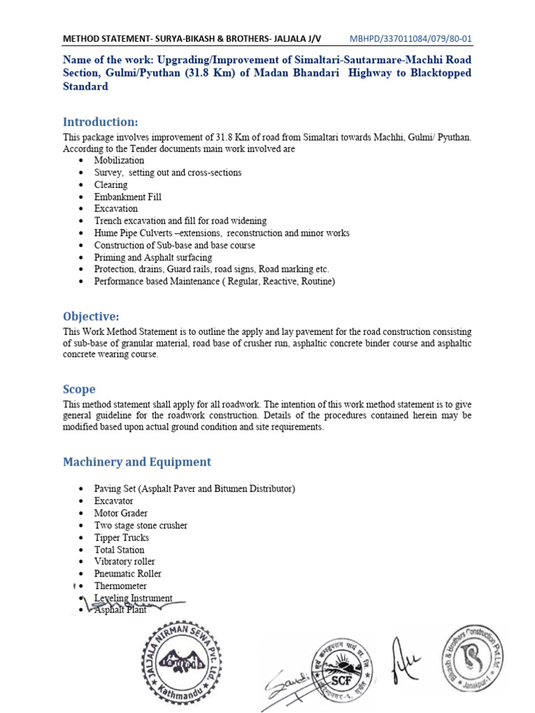 Method Statement for Road Upgrade Project | PDF | Concrete | Road