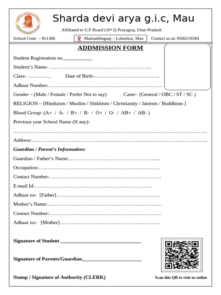 Admission Form for Sharda Devi Arya G.I.C. | PDF