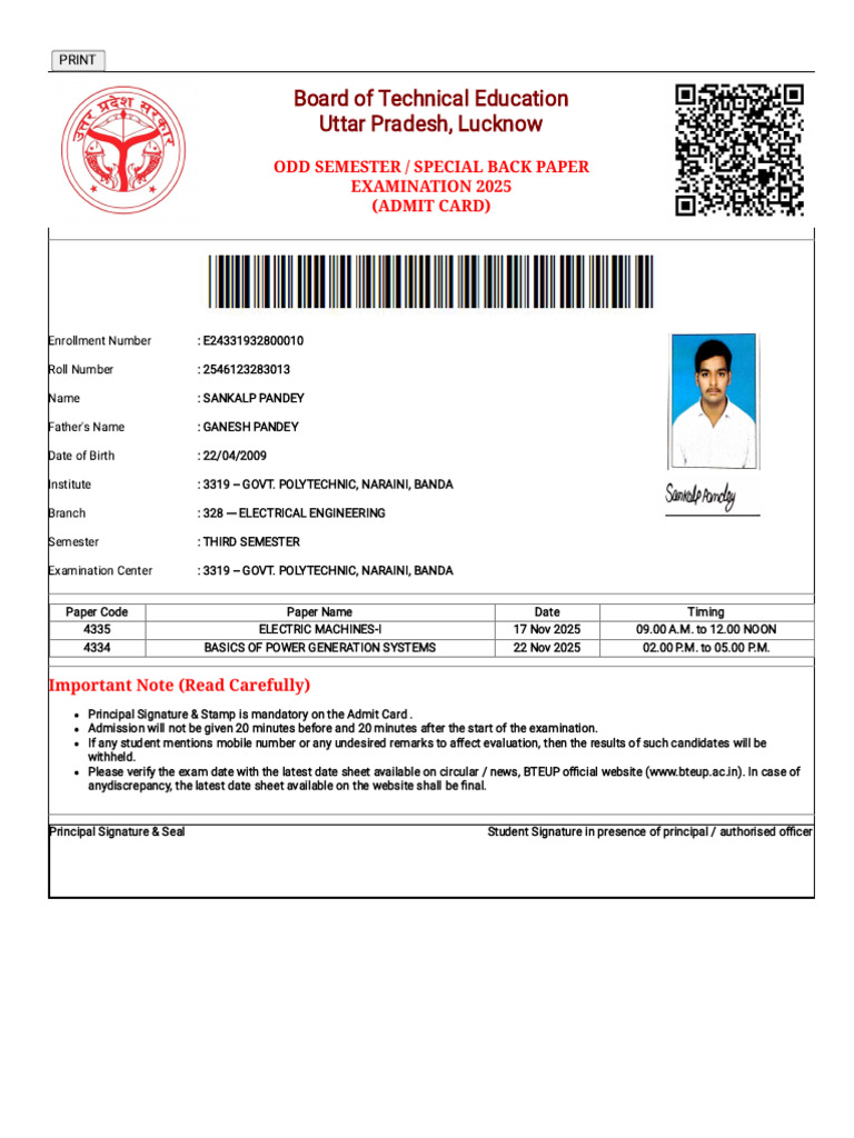 Bteup - Ac.in ESeva Student AdmitCard - Aspx EnrollNumber ...