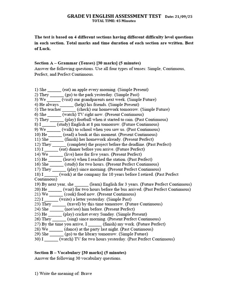 English Assessment Test Grade VI | PDF | Linguistics