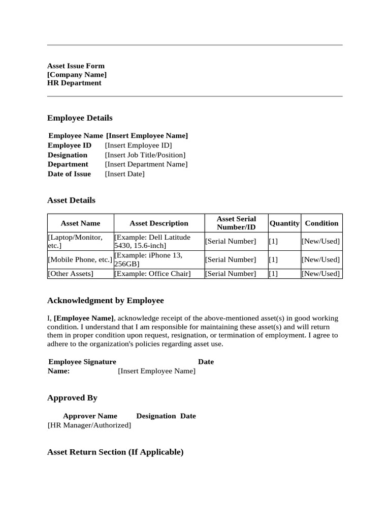 Employee Asset Issue Form Template | PDF