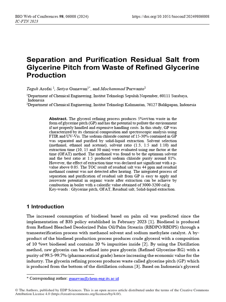 Purification of Residual Salt from Glycerine Pitch | PDF | Glycerol ...