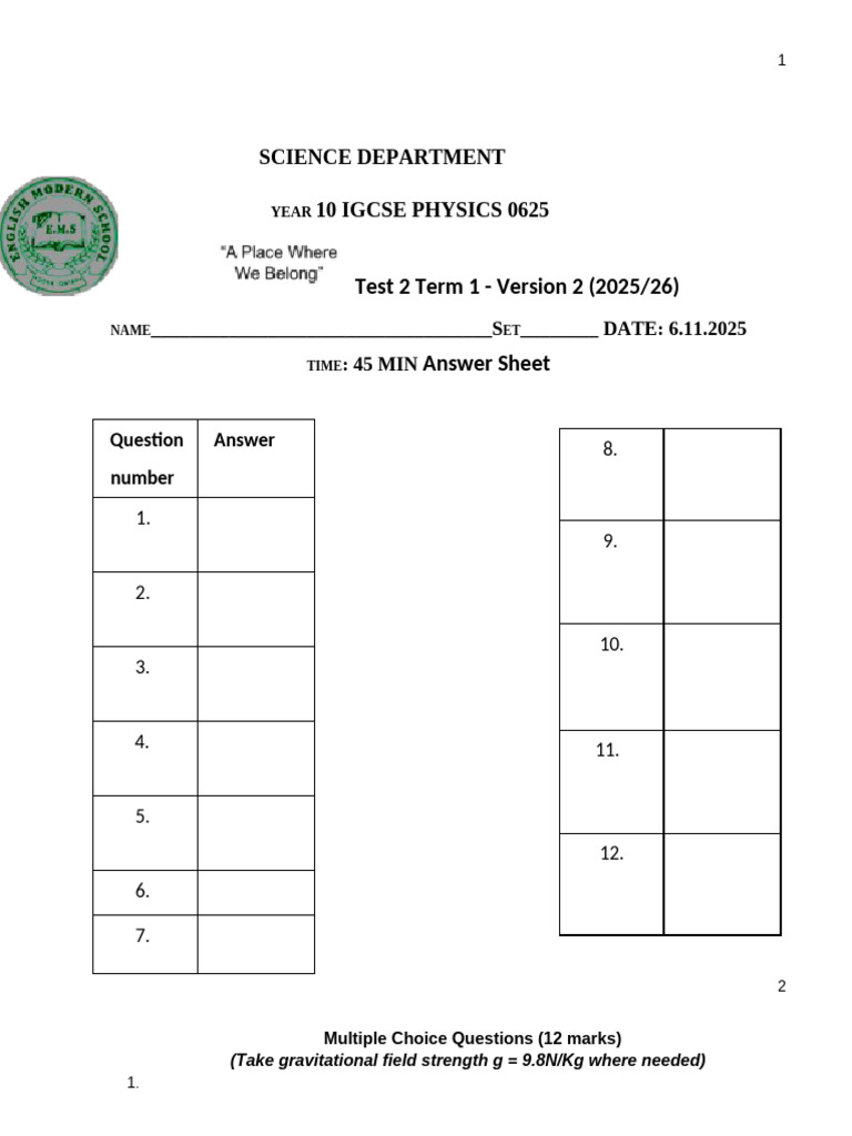 Year 10 IGCSE Physics Test 2 2025 | PDF