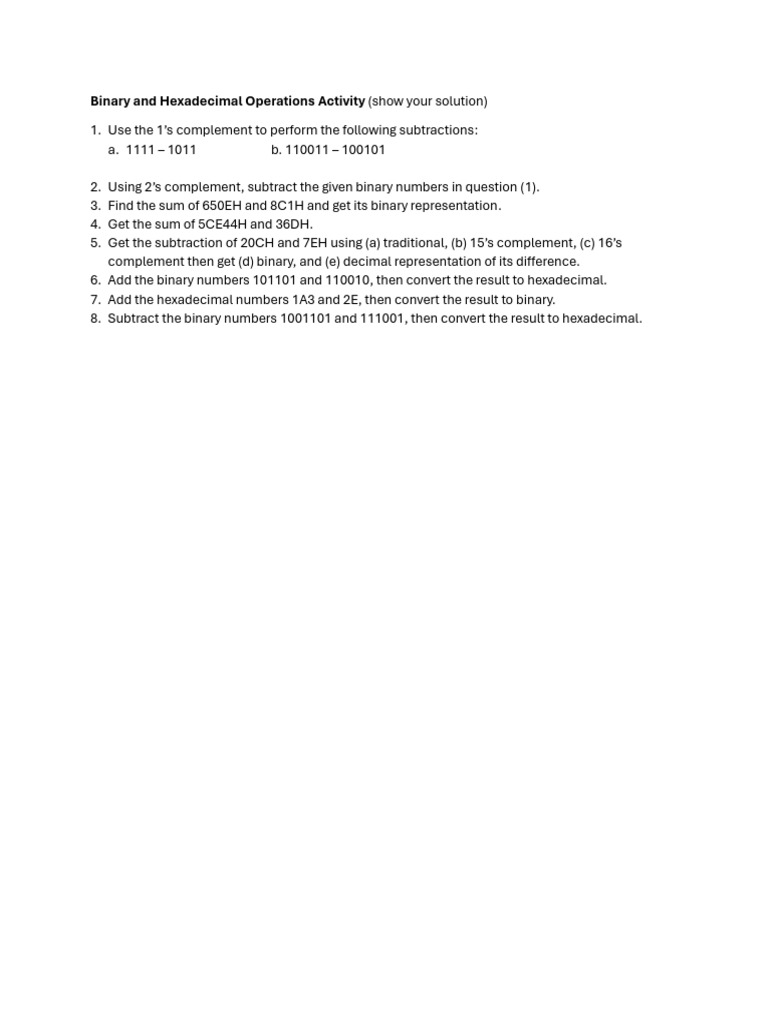 Binary and Hexadecimal Operations Activity | PDF