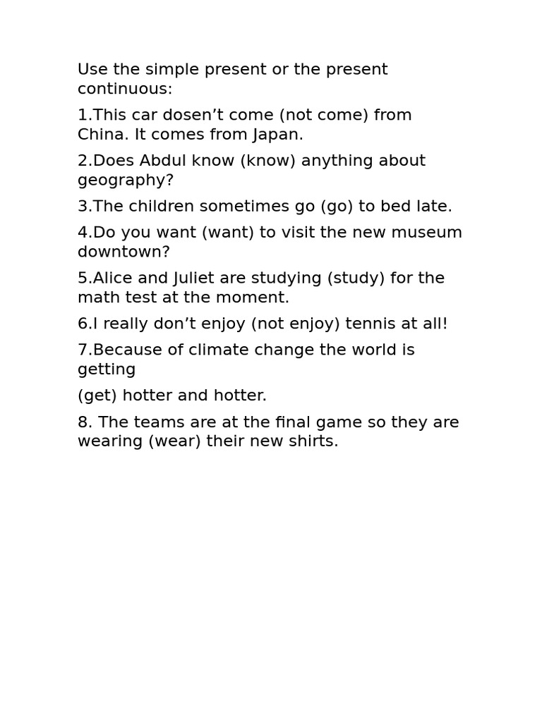 Unit 1 Use The Simple Present or The Present Continuous HW | PDF