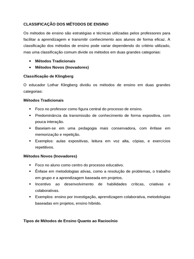 Métodos de Ensino: Classificação e Tipos | PDF | Método de ensino ...