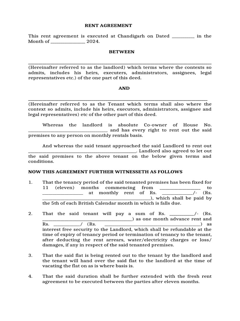 Chandigarh Rent Agreement Template | PDF | Leasehold Estate | Landlord