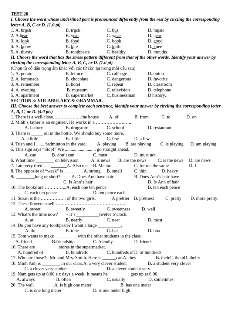 Test 20 | PDF | Meal | Cuisine