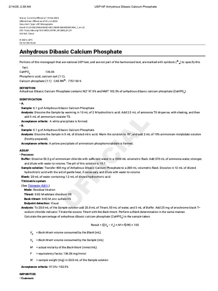 Anhydrous Dibasic Calcium Phosphate | PDF | Titration | Chemistry