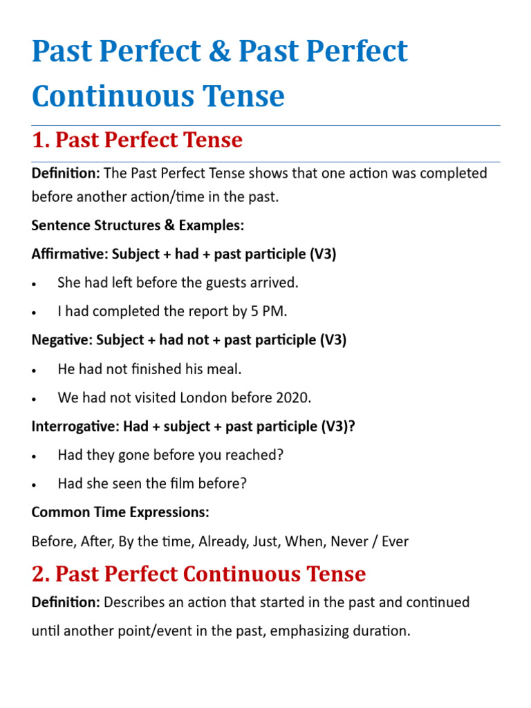 Past Perfect & Continuous Tense Guide | PDF | Perfect (Grammar ...