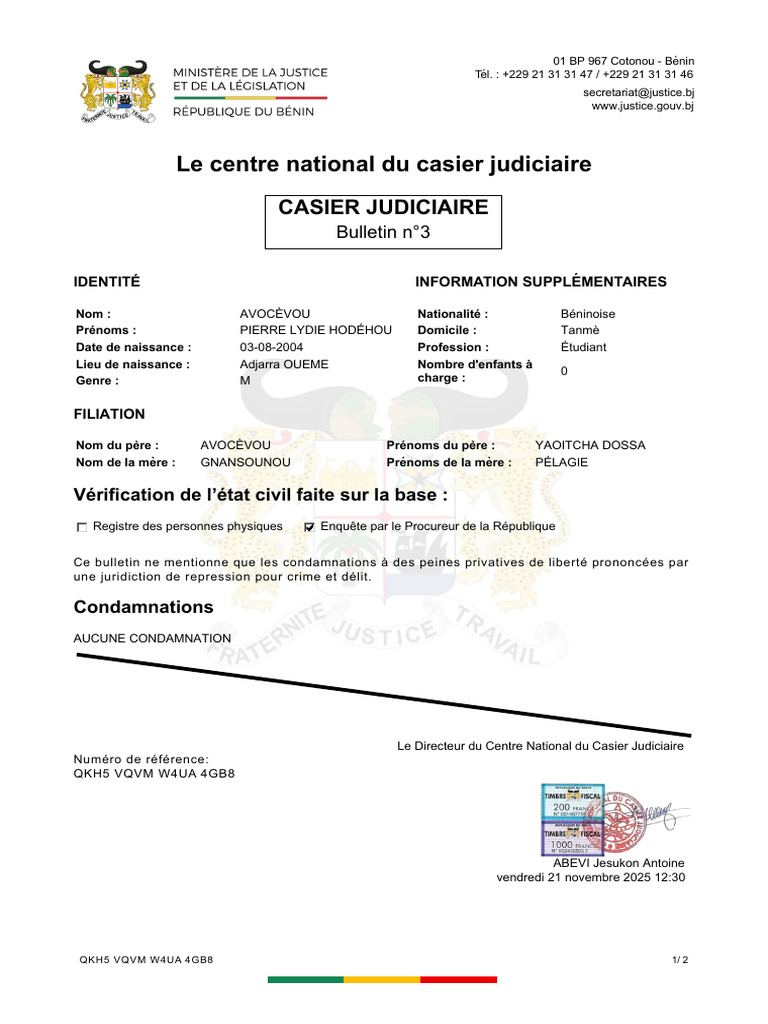 Bulletin n°3 du casier judiciaire de Pierre Avocèvou | PDF | Justice ...