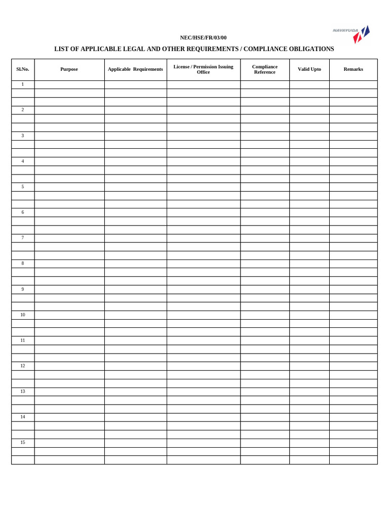 NEC-HSE-FR-03 - Legal & Other Requirements Register | PDF