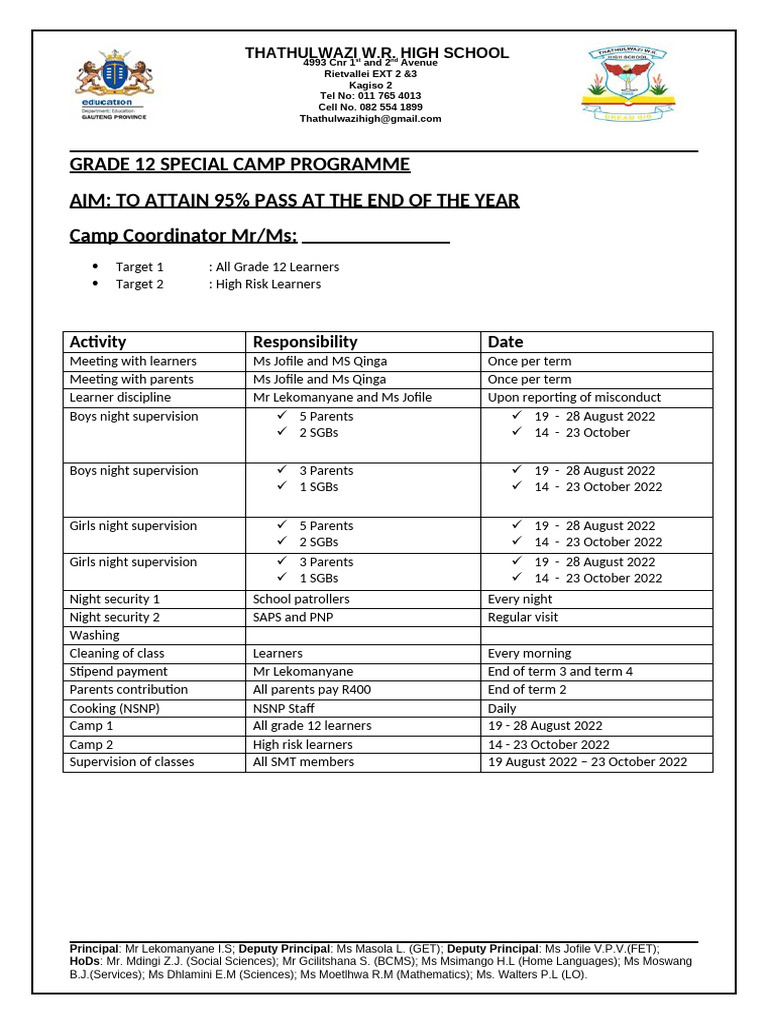 Grade 12 Special Camp Program Overview | PDF