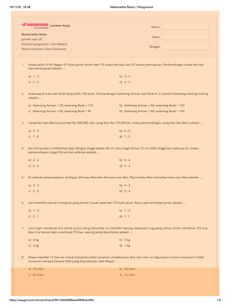 Lembar Kerja Matematika Rasio SD | PDF