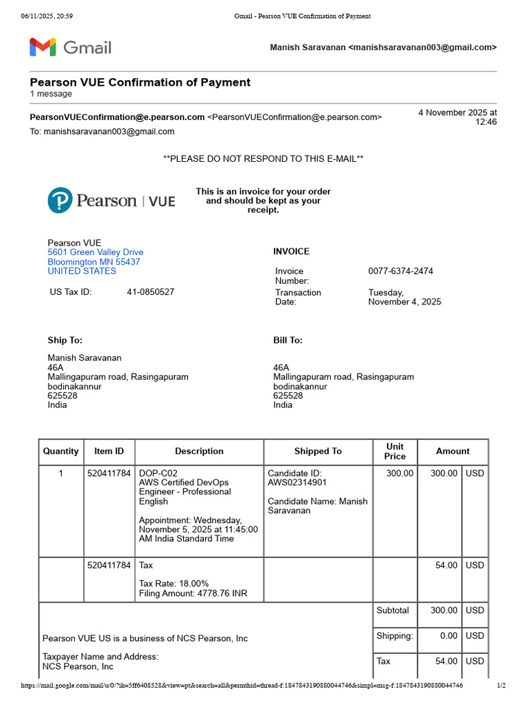 Pearson VUE Payment Confirmation Invoice | PDF | Value Added Tax | Invoice