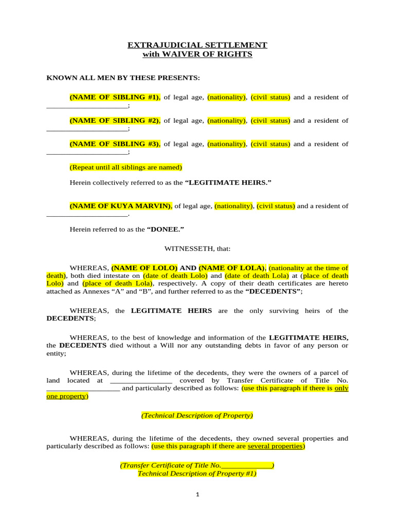Extrajudicial Settlement Agreement Template | PDF | Property | Justice