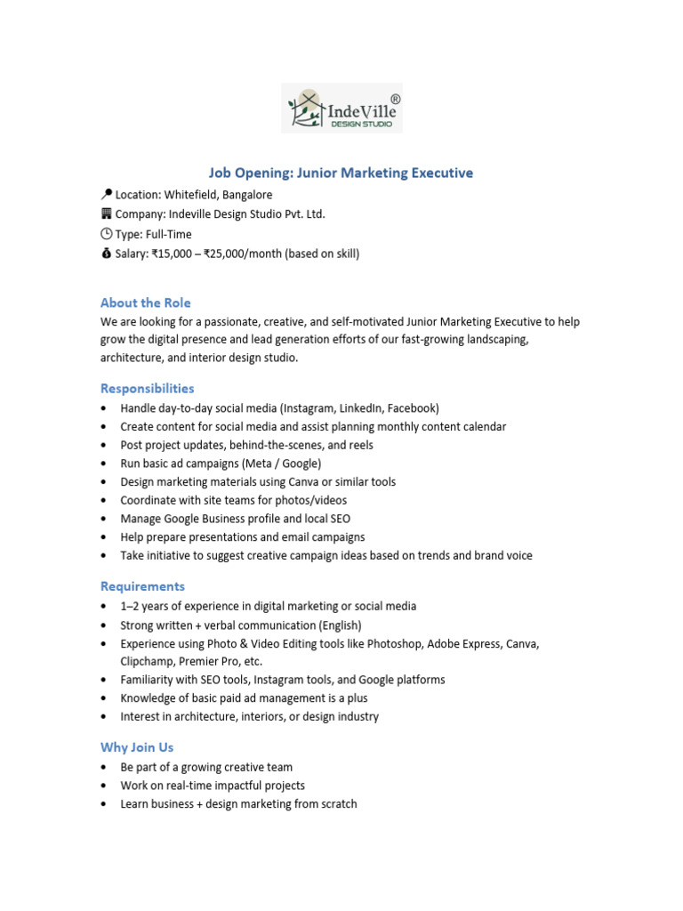 Junior Marketing Executive Job Description | PDF