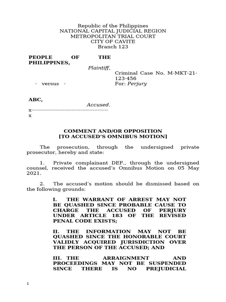 Opposition to Omnibus Motion in Perjury Case | PDF | Affidavit | Perjury