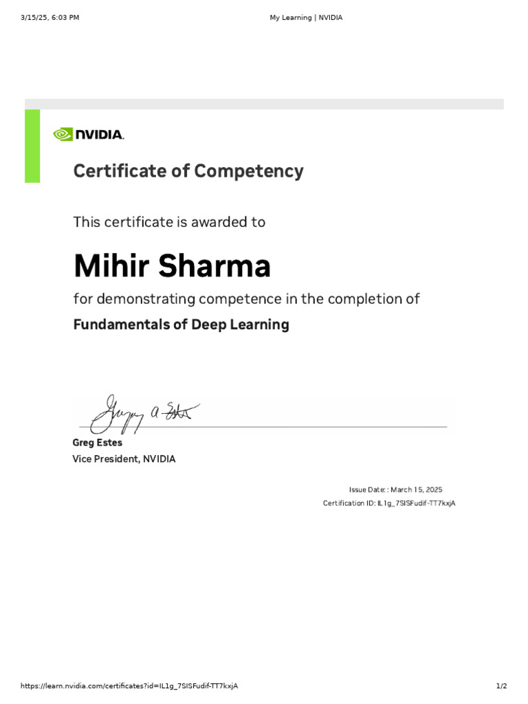 NVIDIA Deep Learning Certificate Awarded | PDF