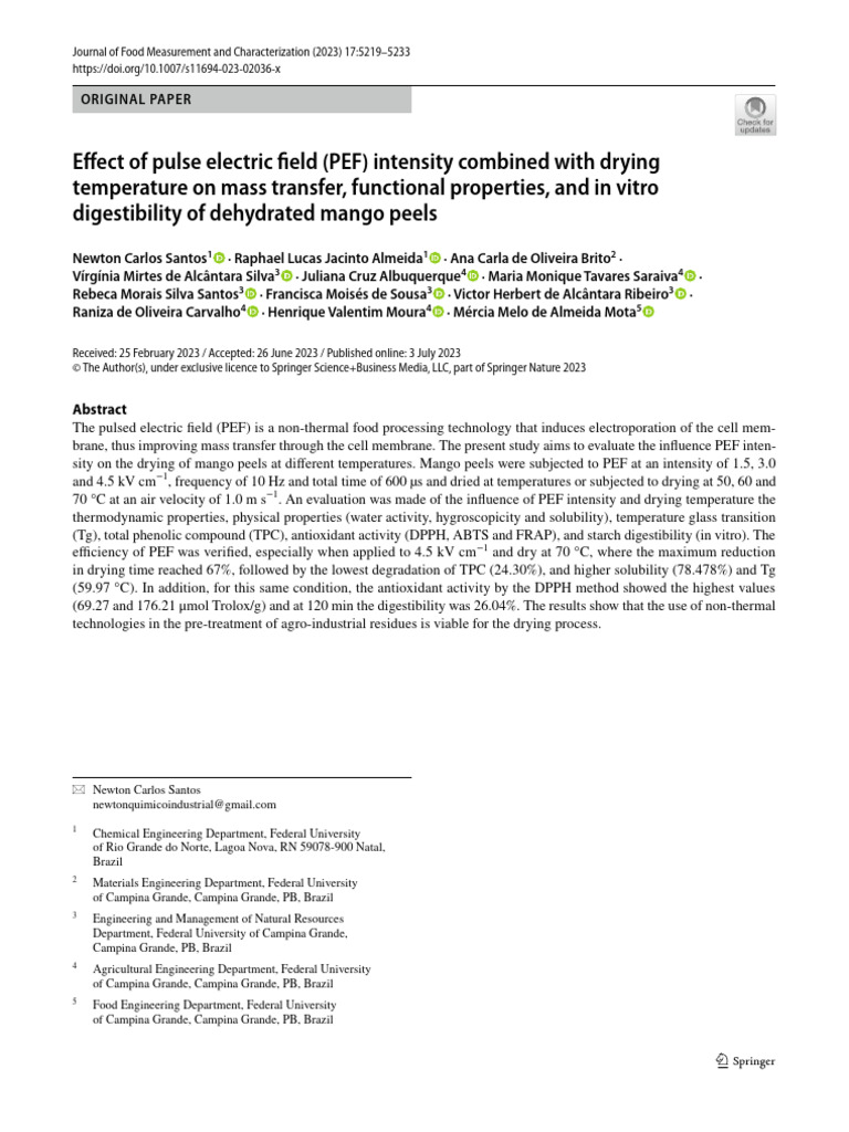 PEF Impact on Mango Peel Drying Quality | PDF | Principal Component ...