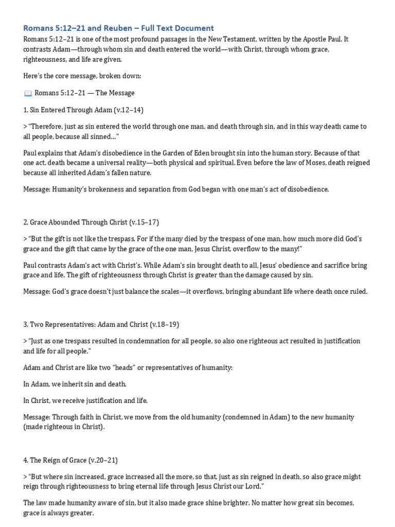 Romans 5:12-21 and Reuben Explained | PDF | Grace In Christianity | Jacob