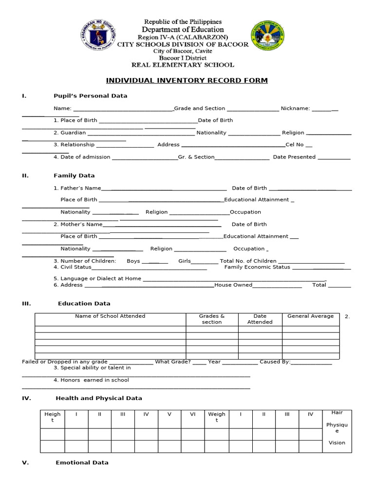 Individual Inventory Record Form | PDF | Human Development ...
